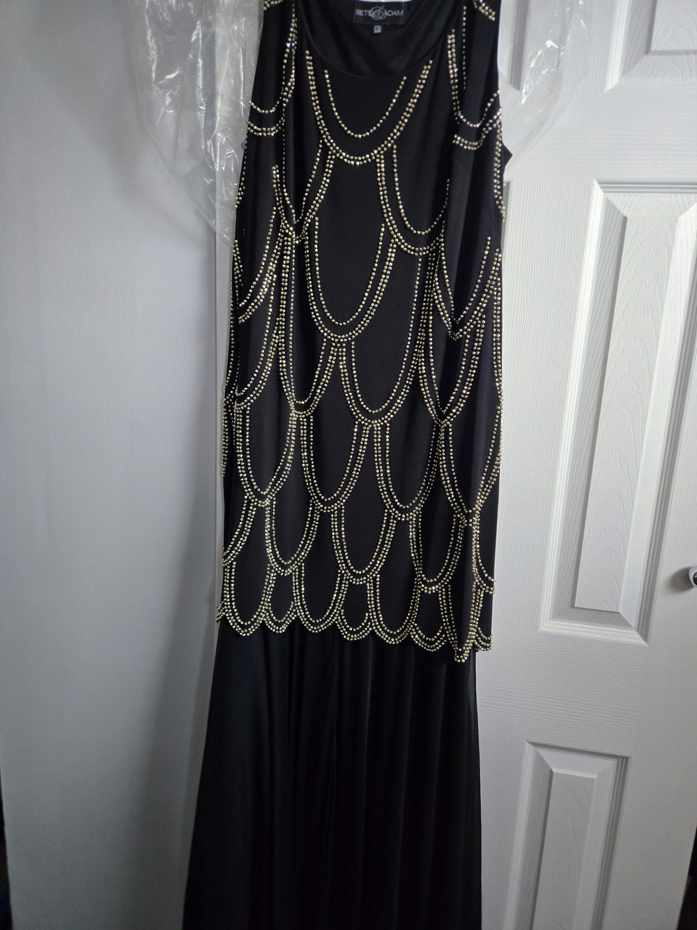 R&M Richards Black Maxi Dress with Gold Beaded Swag Detail